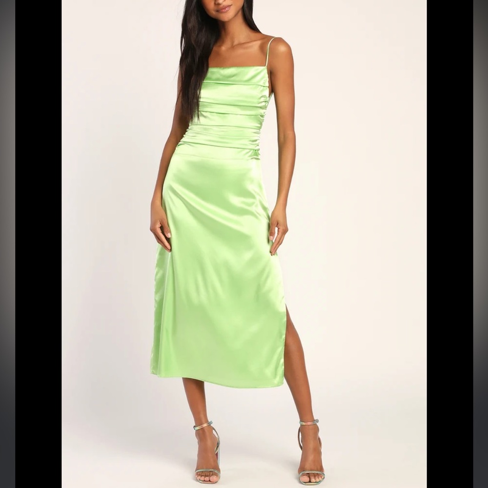 Lulus Glow and Behold Lime Green Satin Midi Dress size large